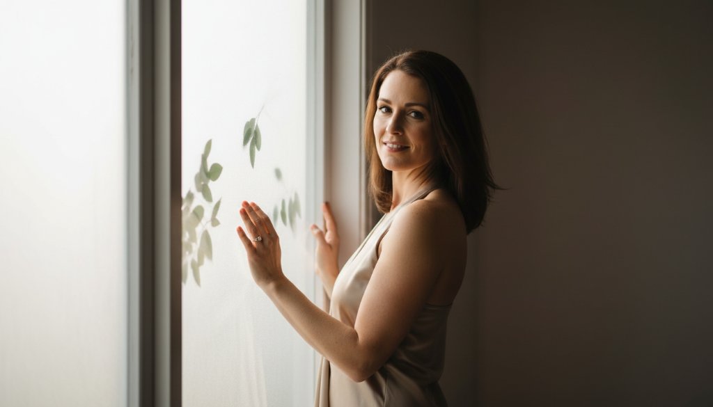 A powerful and intimate boudoir photography Upper Ferntree Gully Dandenongs portrait of a woman looking confidently out a window, bathed in soft, ethereal natural light, reflecting strength and self-acceptance, with the subtle suggestion of the Dandenongs hills in the background, captured as an epic moment.
