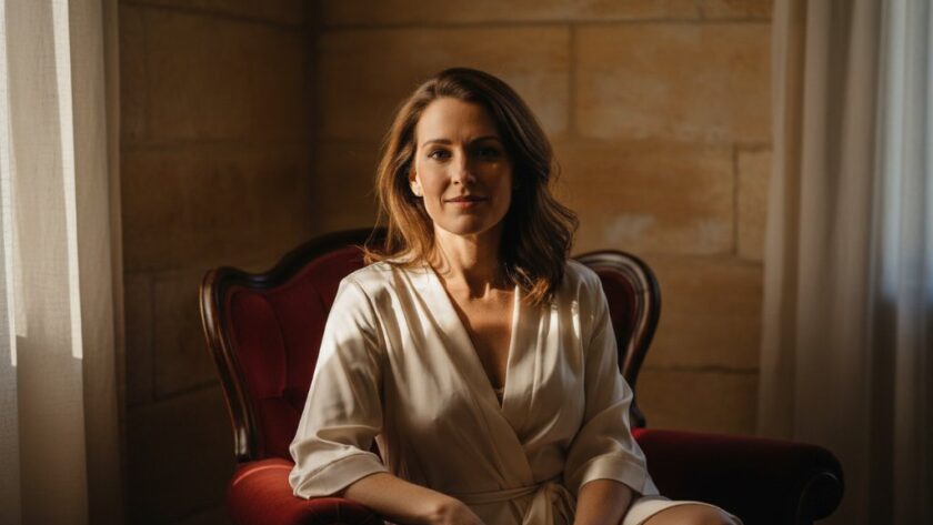 A stunning, low-key, professional photograph of an empowered woman captured during an intimate boudoir photography Warrnambool Victorian coastline session, with dramatic light highlighting her form against a soft, luxurious backdrop, embodying confidence and serenity.