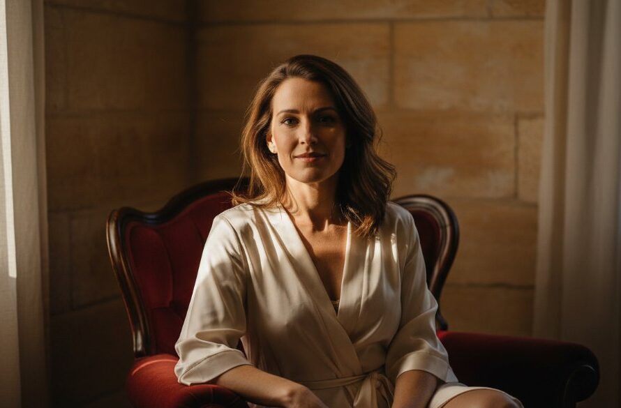 A stunning, low-key, professional photograph of an empowered woman captured during an intimate boudoir photography Warrnambool Victorian coastline session, with dramatic light highlighting her form against a soft, luxurious backdrop, embodying confidence and serenity.