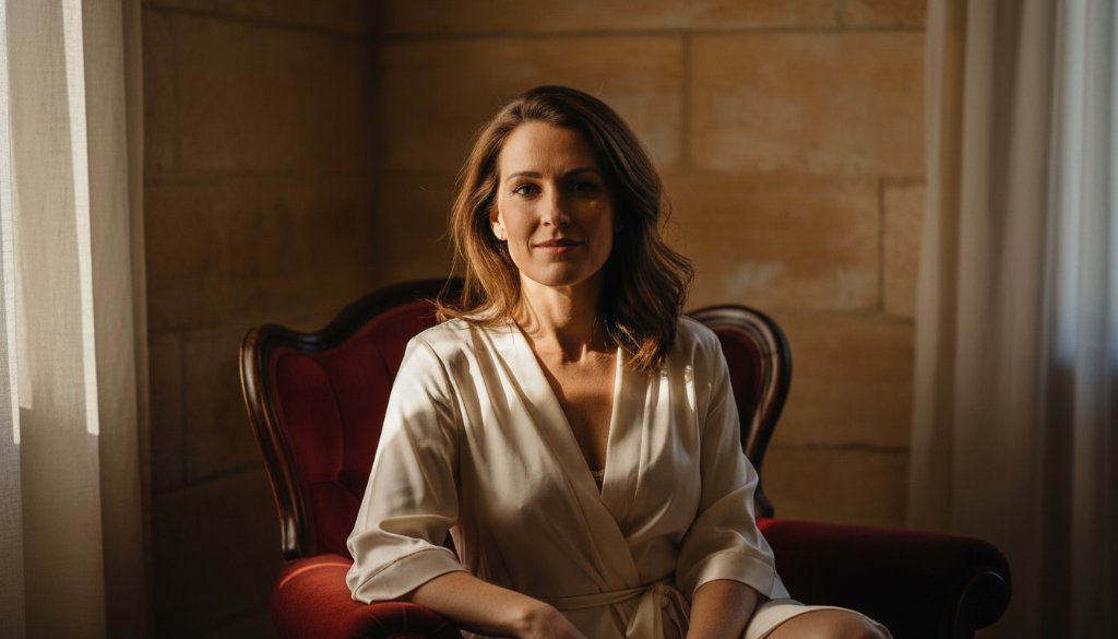 A stunning, low-key, professional photograph of an empowered woman captured during an intimate boudoir photography Warrnambool Victorian coastline session, with dramatic light highlighting her form against a soft, luxurious backdrop, embodying confidence and serenity.