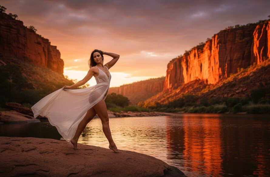 A dramatic and intimate boudoir photoshoot in Red Cliffs Victoria, featuring a woman silhouetted against a golden hour desert landscape, exuding confidence and elegance, professionally captured.