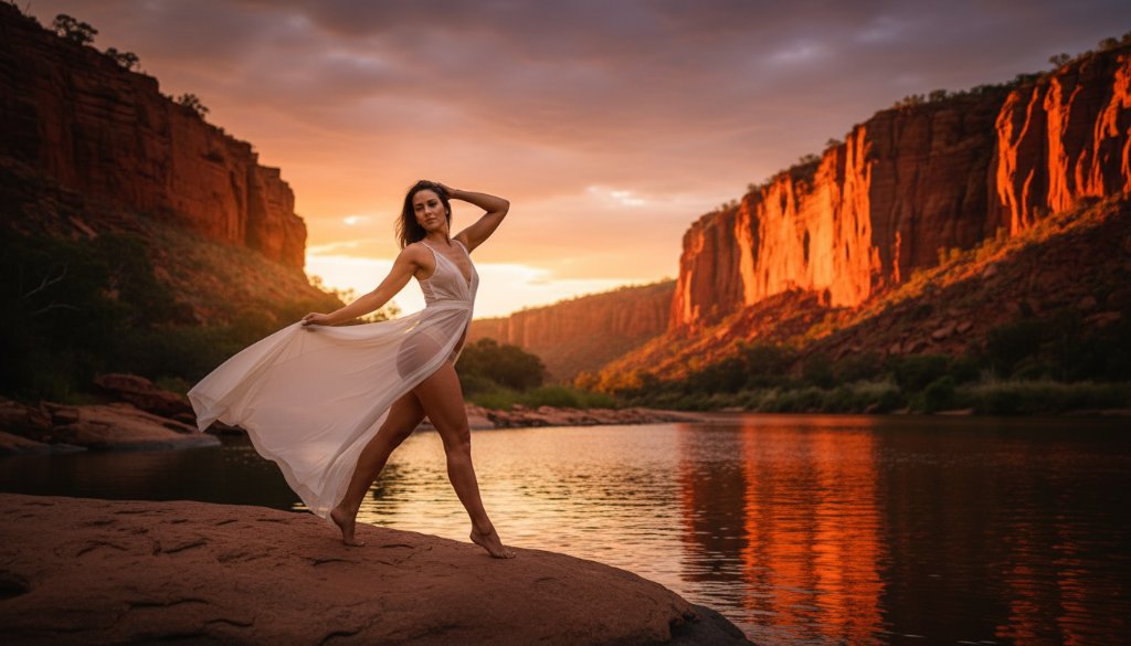 A dramatic and intimate boudoir photoshoot in Red Cliffs Victoria, featuring a woman silhouetted against a golden hour desert landscape, exuding confidence and elegance, professionally captured.