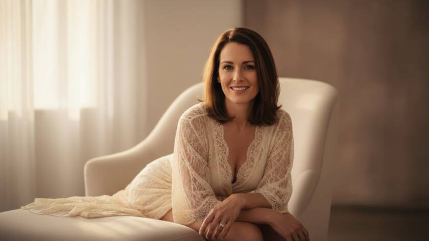 An intimate boudoir session Nunawading Victoria moment, capturing a woman in elegant lace lingerie, softly lit by window light, looking confidently over her shoulder in a stylish, minimalist studio setting, reflecting self-assurance and grace. Professional photography, dramatic lighting, rich colours.
