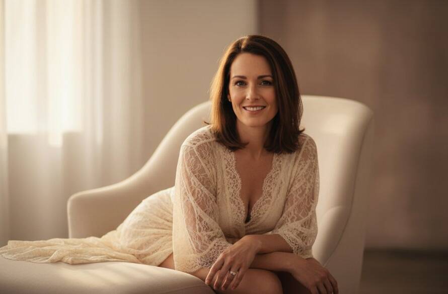 An intimate boudoir session Nunawading Victoria moment, capturing a woman in elegant lace lingerie, softly lit by window light, looking confidently over her shoulder in a stylish, minimalist studio setting, reflecting self-assurance and grace. Professional photography, dramatic lighting, rich colours.