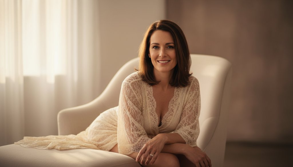 An intimate boudoir session Nunawading Victoria moment, capturing a woman in elegant lace lingerie, softly lit by window light, looking confidently over her shoulder in a stylish, minimalist studio setting, reflecting self-assurance and grace. Professional photography, dramatic lighting, rich colours.