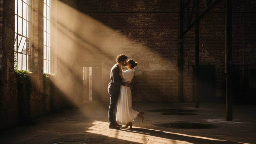 An epic moment of a couple embracing passionately amidst the dramatic, industrial backdrop of a Brooklyn Victoria warehouse during their intimate Brooklyn Victoria warehouse engagement photoshoot, with golden hour light streaming through a grimy window, highlighting their connection.
