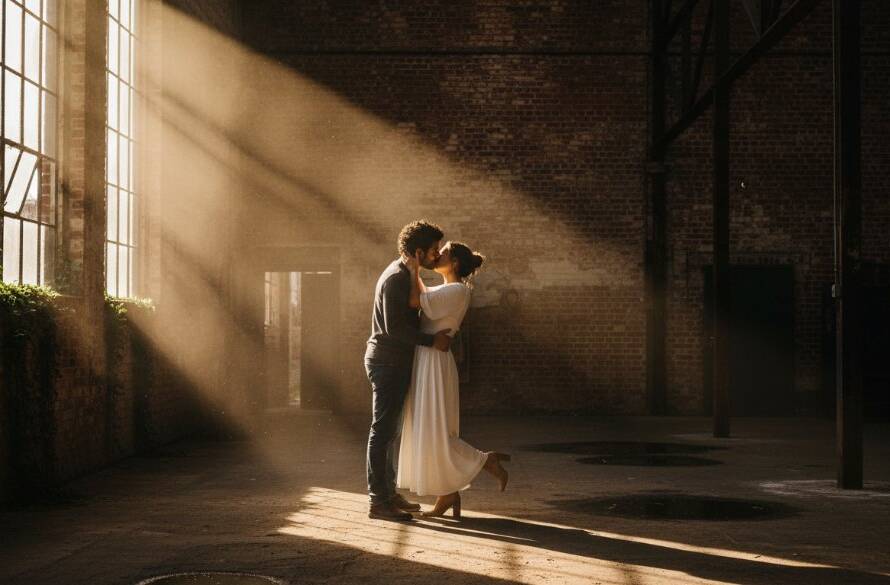 An epic moment of a couple embracing passionately amidst the dramatic, industrial backdrop of a Brooklyn Victoria warehouse during their intimate Brooklyn Victoria warehouse engagement photoshoot, with golden hour light streaming through a grimy window, highlighting their connection.