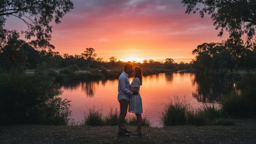 Intimate Bulleen Pre-Wedding Photography Yarra River featuring a couple silhouetted against a dramatic sunset over the Yarra River, capturing an epic, romantic embrace.