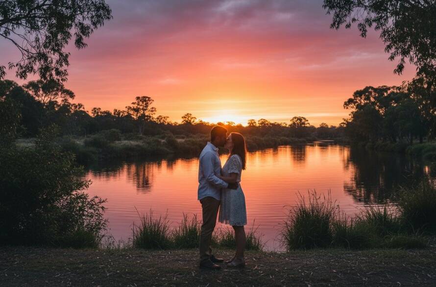 Intimate Bulleen Pre-Wedding Photography Yarra River featuring a couple silhouetted against a dramatic sunset over the Yarra River, capturing an epic, romantic embrace.