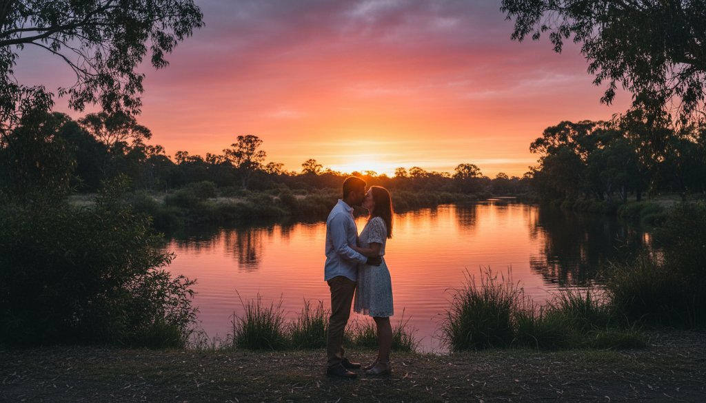 Intimate Bulleen Pre-Wedding Photography Yarra River featuring a couple silhouetted against a dramatic sunset over the Yarra River, capturing an epic, romantic embrace.