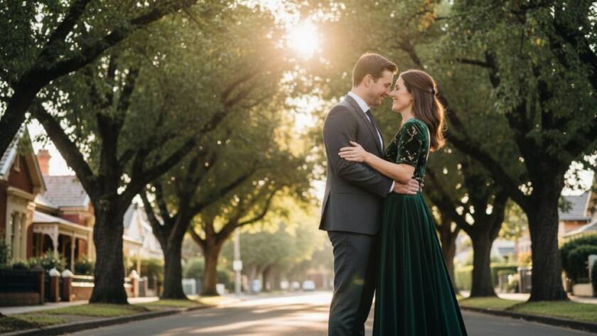 An epic moment captured during intimate Camberwell engagement photography Melbourne, featuring a loving couple embracing under the golden hour sun at a tree-lined street in Camberwell, Victoria, with a soft, romantic glow highlighting their connection.