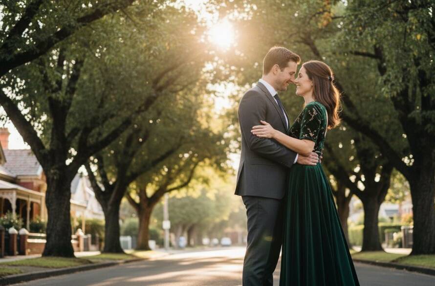 An epic moment captured during intimate Camberwell engagement photography Melbourne, featuring a loving couple embracing under the golden hour sun at a tree-lined street in Camberwell, Victoria, with a soft, romantic glow highlighting their connection.