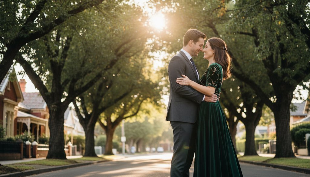 An epic moment captured during intimate Camberwell engagement photography Melbourne, featuring a loving couple embracing under the golden hour sun at a tree-lined street in Camberwell, Victoria, with a soft, romantic glow highlighting their connection.