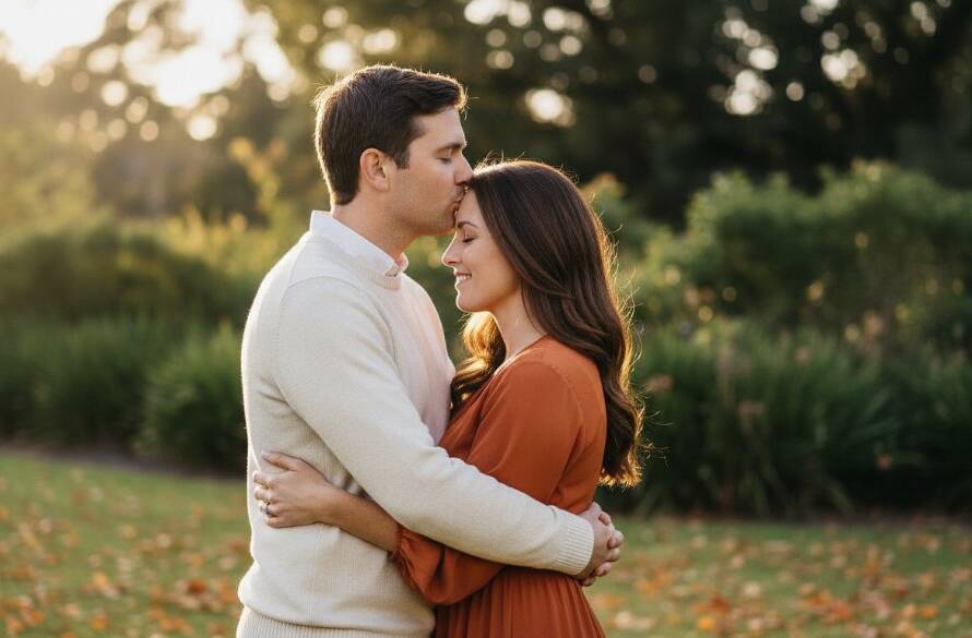 An epic moment captured in intimate Carnegie engagement photography, showing a couple sharing a tender kiss under the soft, golden light of sunset in a beautiful Carnegie park, with autumn leaves scattered around them, evoking warmth and romance.