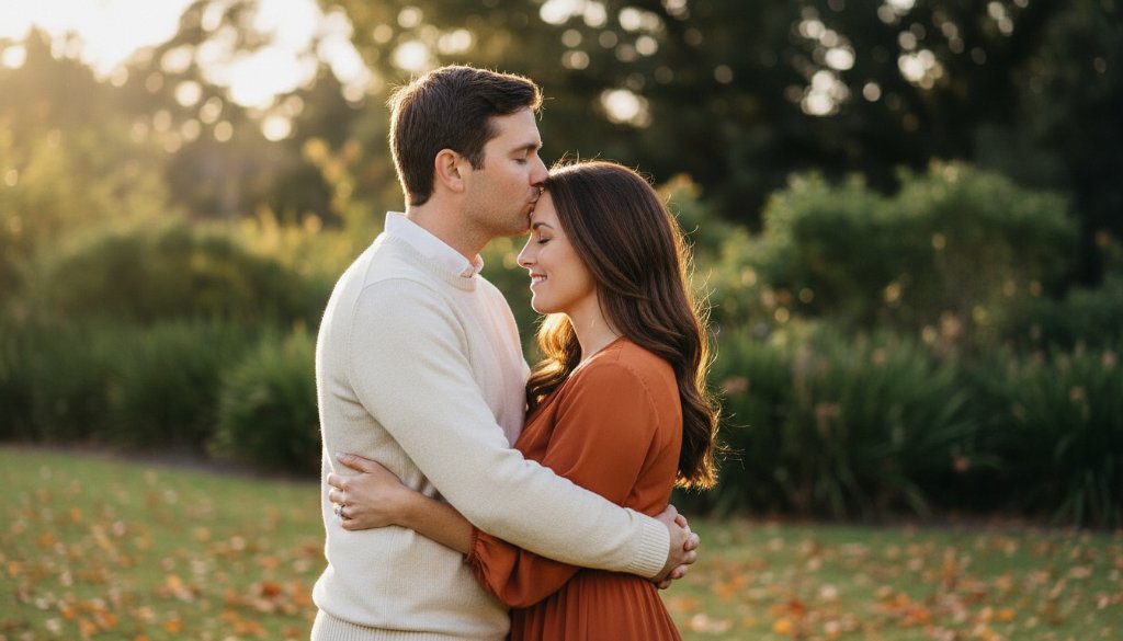 An epic moment captured in intimate Carnegie engagement photography, showing a couple sharing a tender kiss under the soft, golden light of sunset in a beautiful Carnegie park, with autumn leaves scattered around them, evoking warmth and romance.