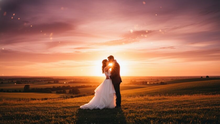 Intimate Churchill wedding photography: A newlywed couple shares a tender kiss at sunset, silhouetted against the rolling hills of Churchill, Victoria, capturing Gippsland's charm with dramatic, golden hour light.