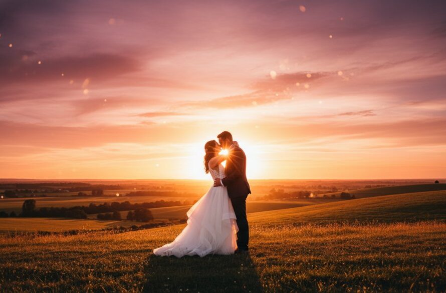 Intimate Churchill wedding photography: A newlywed couple shares a tender kiss at sunset, silhouetted against the rolling hills of Churchill, Victoria, capturing Gippsland's charm with dramatic, golden hour light.