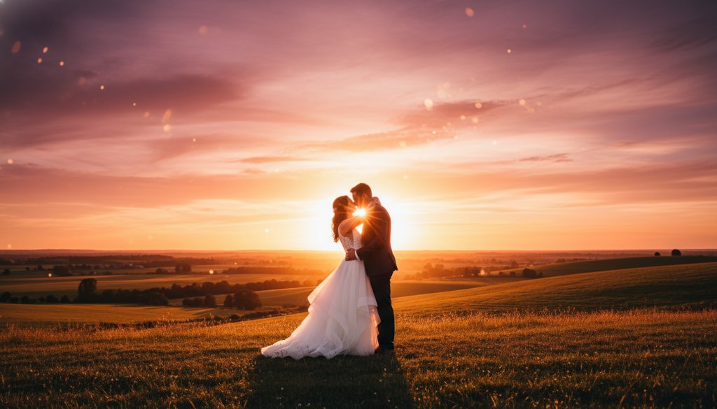 Intimate Churchill wedding photography: A newlywed couple shares a tender kiss at sunset, silhouetted against the rolling hills of Churchill, Victoria, capturing Gippsland's charm with dramatic, golden hour light.