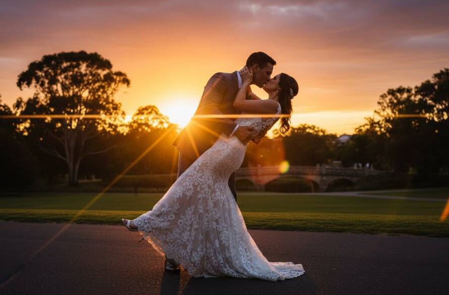 A stunning wide shot capturing an intimate Clayton South wedding photography packages moment, with a newly married couple sharing a loving gaze at sunset in a beautifully landscaped park in Clayton South, dramatic golden hour light, soft bokeh background.