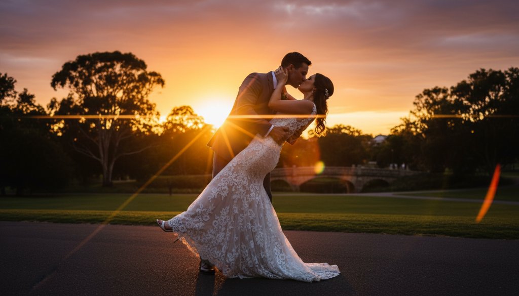 A stunning wide shot capturing an intimate Clayton South wedding photography packages moment, with a newly married couple sharing a loving gaze at sunset in a beautifully landscaped park in Clayton South, dramatic golden hour light, soft bokeh background.