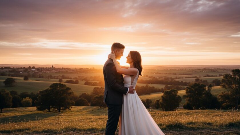 An epic moment of a newlywed couple sharing a tender kiss under dramatic golden hour light, framed by historic Clunes architecture, captured through intimate Clunes wedding photography Victoria.