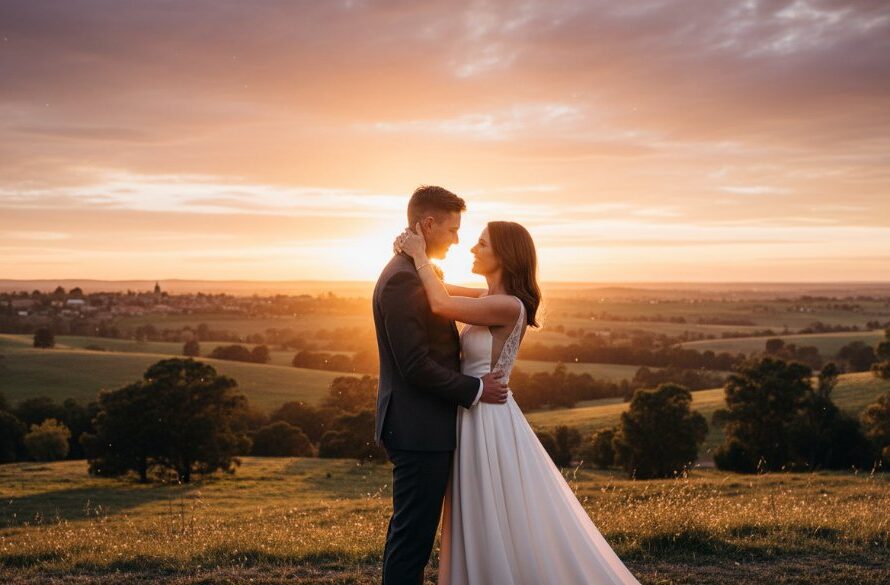 An epic moment of a newlywed couple sharing a tender kiss under dramatic golden hour light, framed by historic Clunes architecture, captured through intimate Clunes wedding photography Victoria.