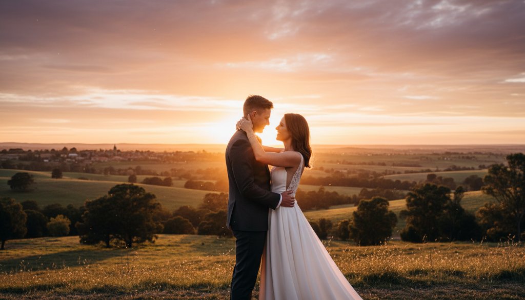 An epic moment of a newlywed couple sharing a tender kiss under dramatic golden hour light, framed by historic Clunes architecture, captured through intimate Clunes wedding photography Victoria.