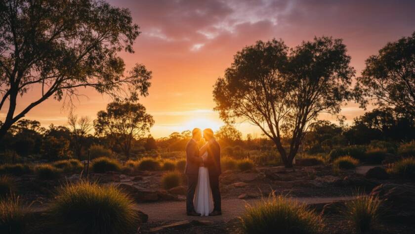 Intimate Cranbourne Botanical Gardens Wedding Photography: An epic photograph of a couple embracing amidst the dramatic golden light and vibrant foliage of the Cranbourne Royal Botanic Gardens.
