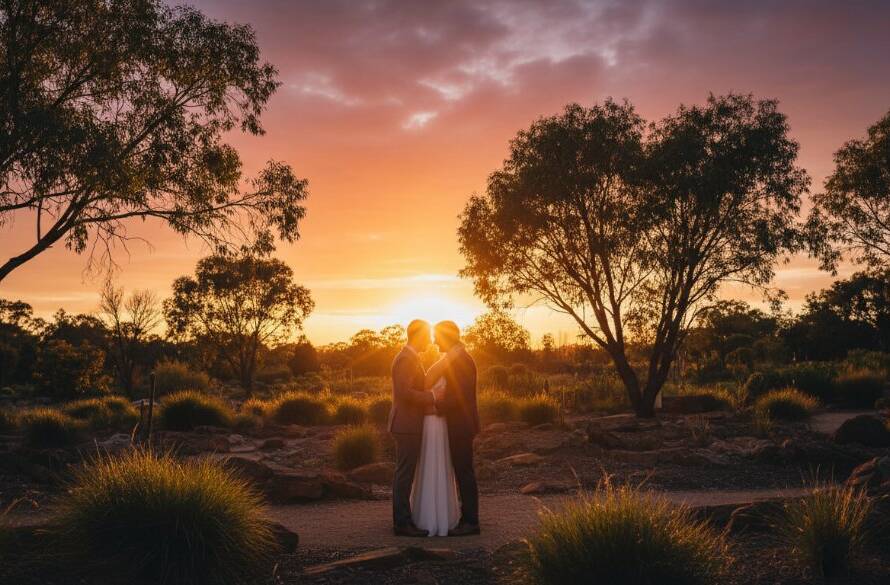 Intimate Cranbourne Botanical Gardens Wedding Photography: An epic photograph of a couple embracing amidst the dramatic golden light and vibrant foliage of the Cranbourne Royal Botanic Gardens.