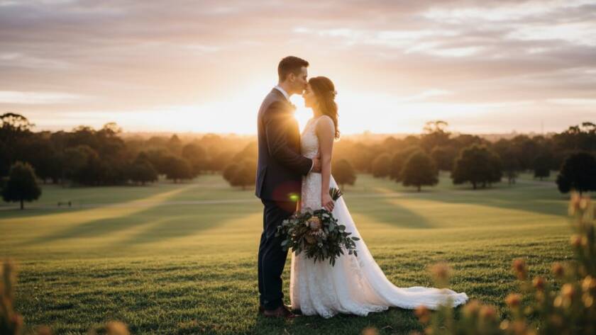 A newlywed couple shares an intimate embrace at sunset, silhouetted against the golden light over a picturesque park in Croydon South, embodying intimate Croydon South wedding photography capturing genuine moments.