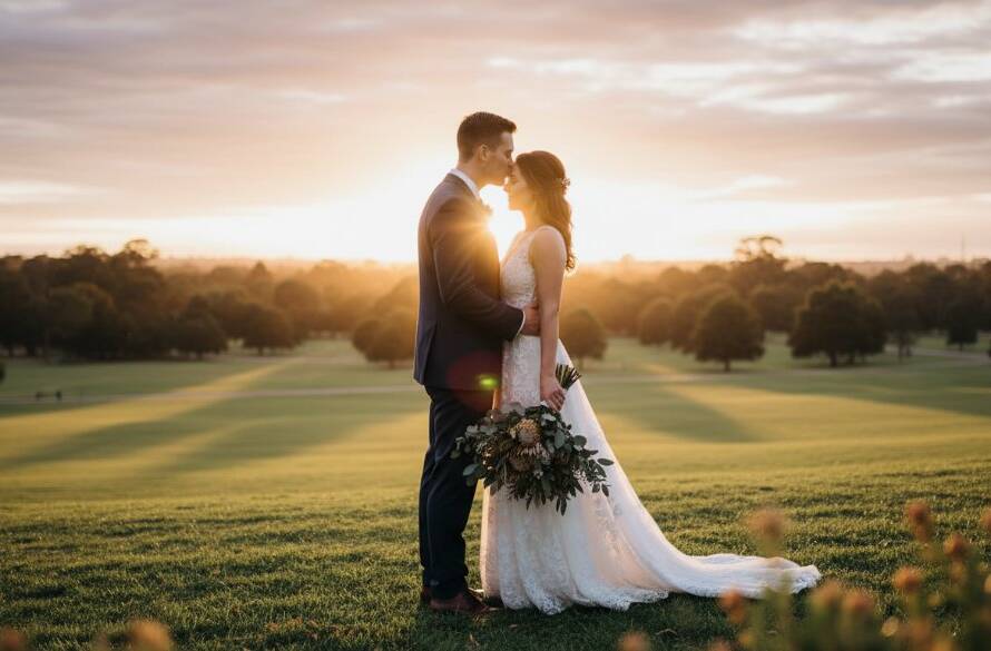A newlywed couple shares an intimate embrace at sunset, silhouetted against the golden light over a picturesque park in Croydon South, embodying intimate Croydon South wedding photography capturing genuine moments.