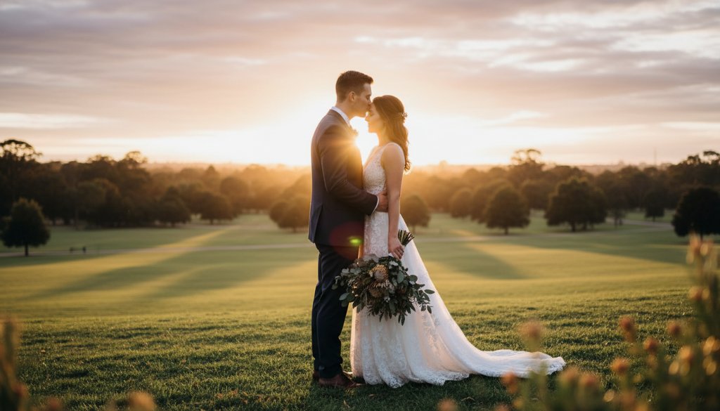 A newlywed couple shares an intimate embrace at sunset, silhouetted against the golden light over a picturesque park in Croydon South, embodying intimate Croydon South wedding photography capturing genuine moments.