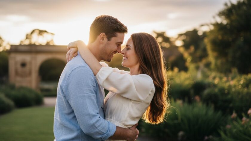 A couple shares an intimate moment at sunset, embraced by the golden light near the Barwon River, beautifully illustrating intimate Drumcondra Victoria engagement photography with dramatic, professional grading.