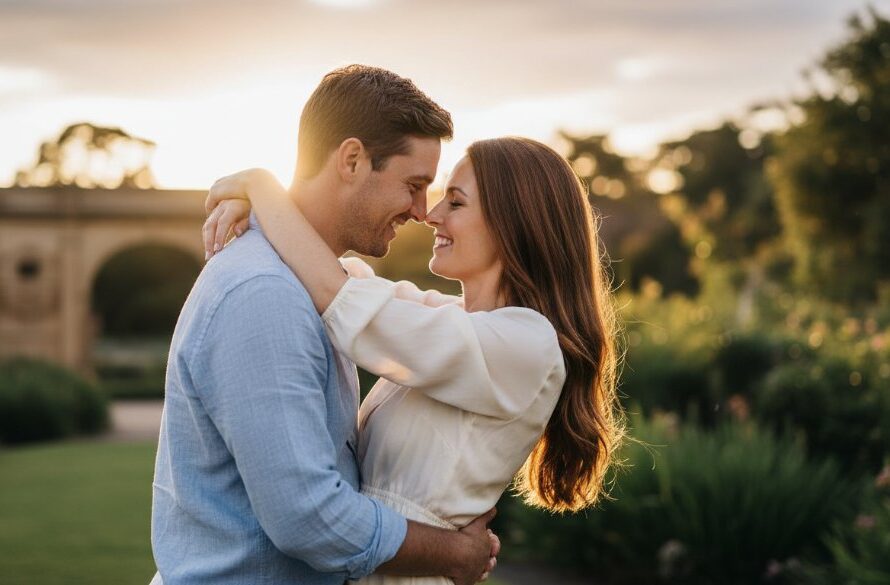 A couple shares an intimate moment at sunset, embraced by the golden light near the Barwon River, beautifully illustrating intimate Drumcondra Victoria engagement photography with dramatic, professional grading.