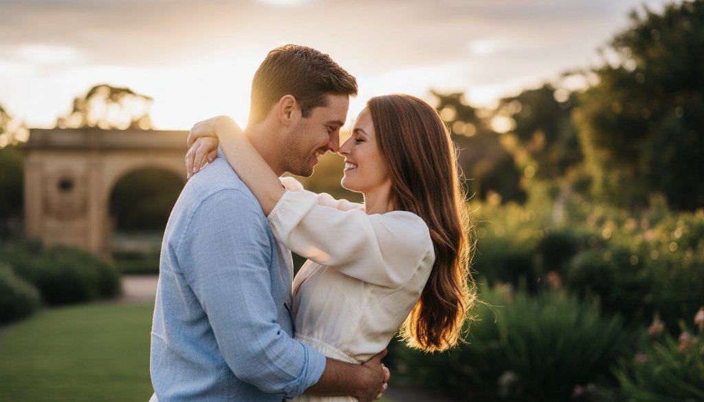 A couple shares an intimate moment at sunset, embraced by the golden light near the Barwon River, beautifully illustrating intimate Drumcondra Victoria engagement photography with dramatic, professional grading.