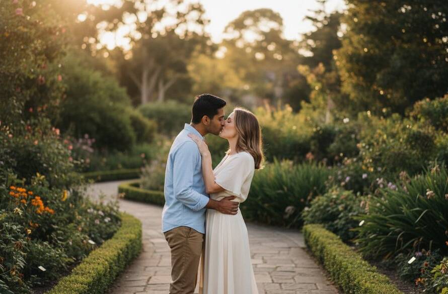 An epic moment captured during intimate engagement photography Burwood East gardens, featuring a couple embracing passionately amidst lush, sun-drenched botanical scenery, bathed in a golden hour glow, showcasing their deep connection.