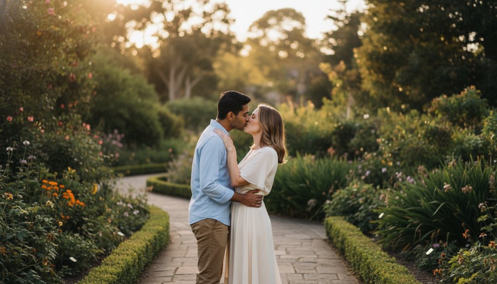 An epic moment captured during intimate engagement photography Burwood East gardens, featuring a couple embracing passionately amidst lush, sun-drenched botanical scenery, bathed in a golden hour glow, showcasing their deep connection.