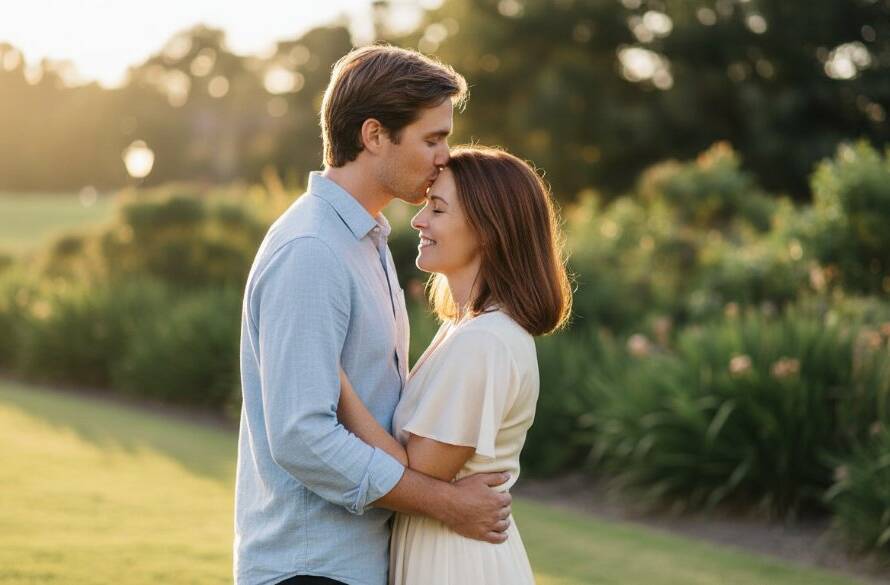 An intimate engagement photoshoot in Blackburn South Vic, featuring a newly engaged couple sharing a tender moment at sunset, bathed in golden light amidst lush parkland, evoking romance and joy.