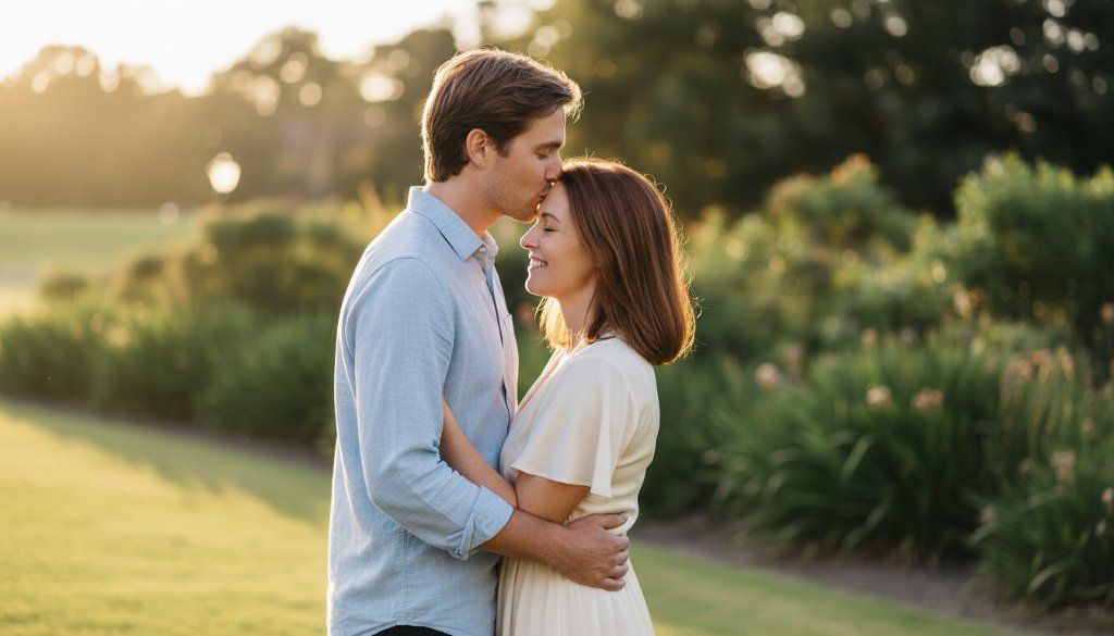 An intimate engagement photoshoot in Blackburn South Vic, featuring a newly engaged couple sharing a tender moment at sunset, bathed in golden light amidst lush parkland, evoking romance and joy.