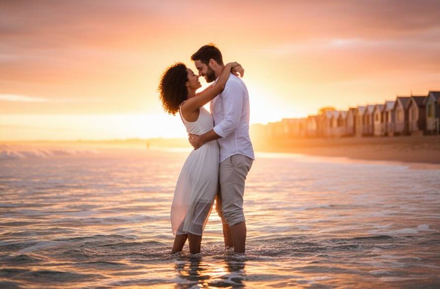 An intimate engagement photoshoot Brighton East beach capturing a couple embracing passionately at sunset, with golden light reflecting off the water and iconic Brighton bathing boxes faintly in the background, showcasing their genuine connection.