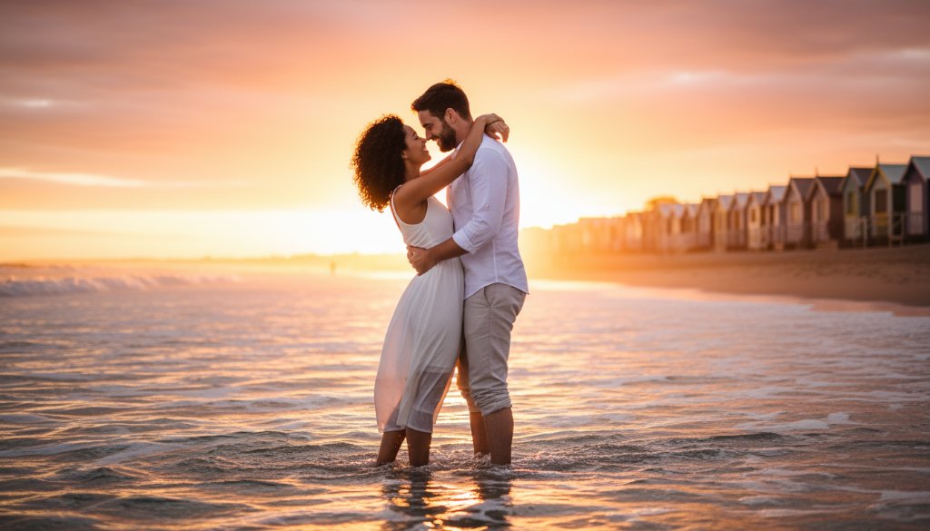 An intimate engagement photoshoot Brighton East beach capturing a couple embracing passionately at sunset, with golden light reflecting off the water and iconic Brighton bathing boxes faintly in the background, showcasing their genuine connection.
