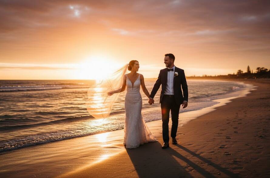 An intimate Frankston North Wedding Photography capturing genuine moments, featuring a newlywed couple sharing a joyful, candid laugh against the backdrop of a setting sun over Frankston North's natural landscape, showcasing dramatic backlighting and warm tones.