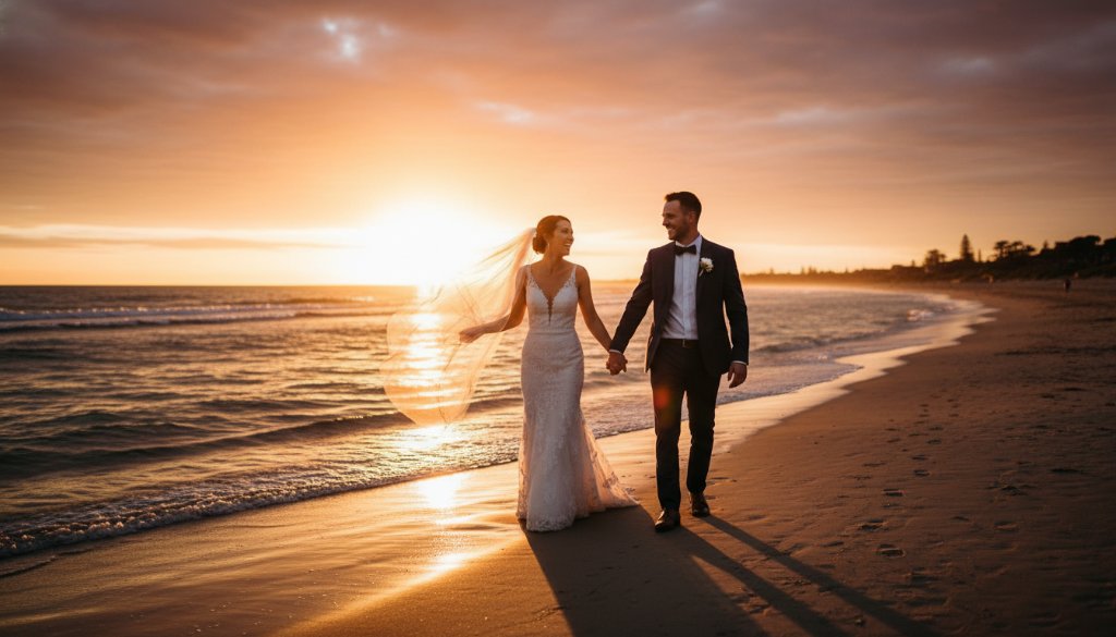 An intimate Frankston North Wedding Photography capturing genuine moments, featuring a newlywed couple sharing a joyful, candid laugh against the backdrop of a setting sun over Frankston North's natural landscape, showcasing dramatic backlighting and warm tones.