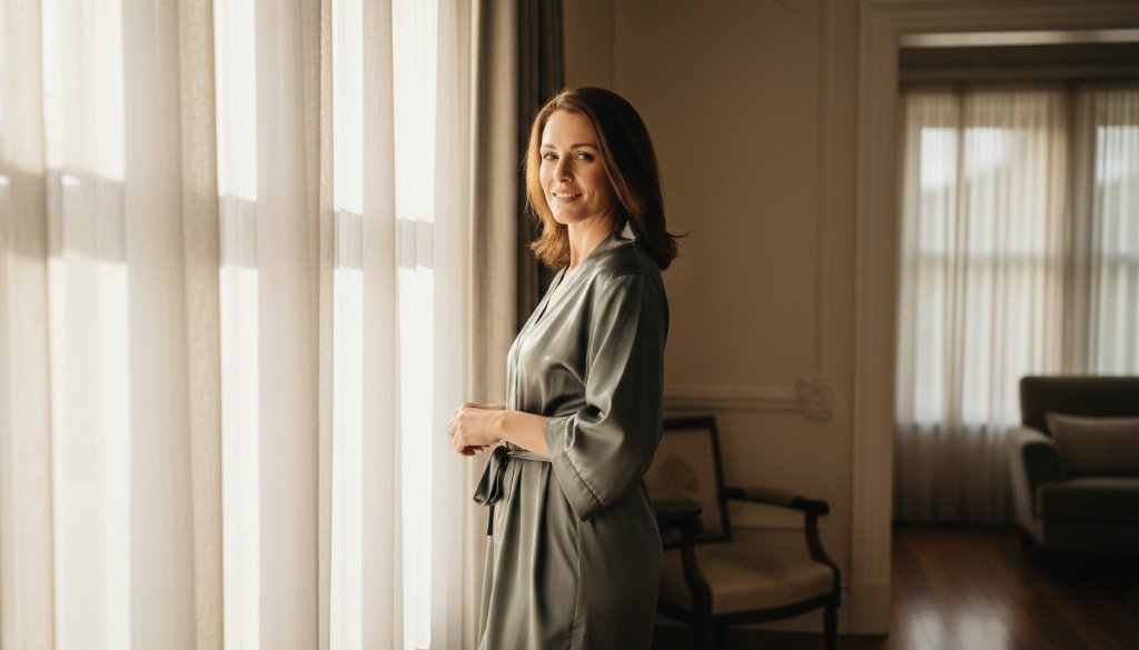 A dramatically lit, cinematic photograph of a woman bathed in soft window light in a luxurious Gardenvale setting, capturing an intimate Gardenvale boudoir photography experience with an emphasis on elegance and self-possession.