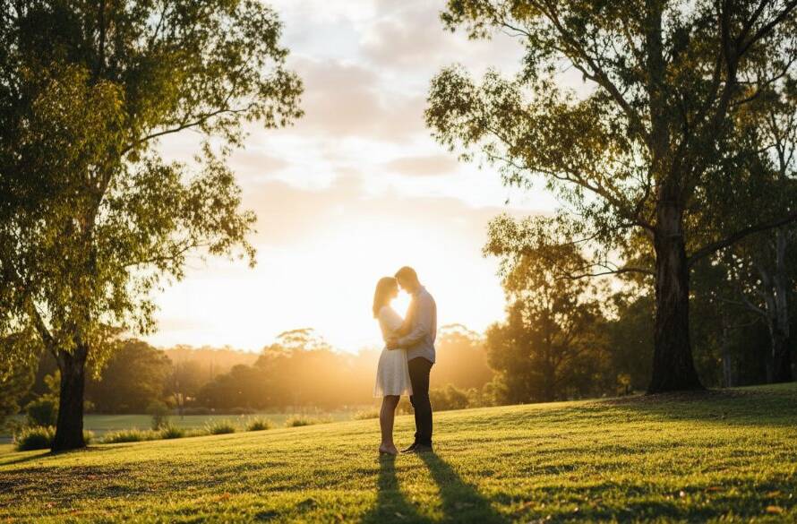 An epic moment captured during an intimate Gardenvale engagement photoshoot Victoria, featuring a couple embracing under dramatic sunset light in a lush garden setting, professional color grading enhancing the romantic mood.
