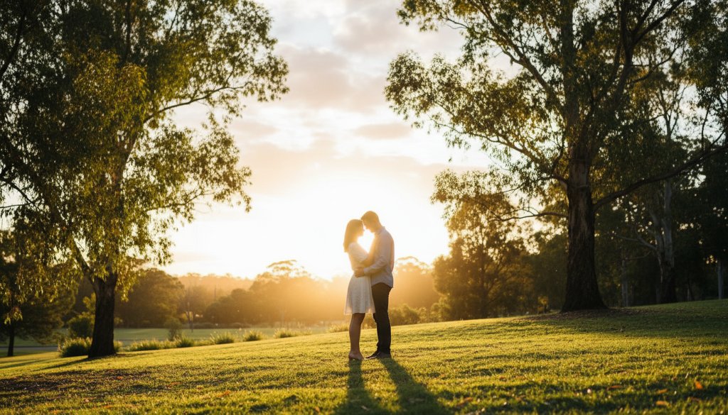 An epic moment captured during an intimate Gardenvale engagement photoshoot Victoria, featuring a couple embracing under dramatic sunset light in a lush garden setting, professional color grading enhancing the romantic mood.
