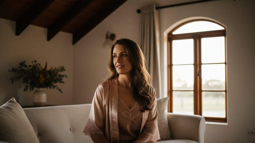 A powerful, intimate Gisborne boudoir photography portrait of a woman embracing her unique beauty, bathed in soft, ethereal natural light filtering through a window, set in a rustic Gisborne studio with subtle Australian native flora accents. She is looking confidently towards the camera, a gentle smile on her lips, showcasing elegance and self-assurance.