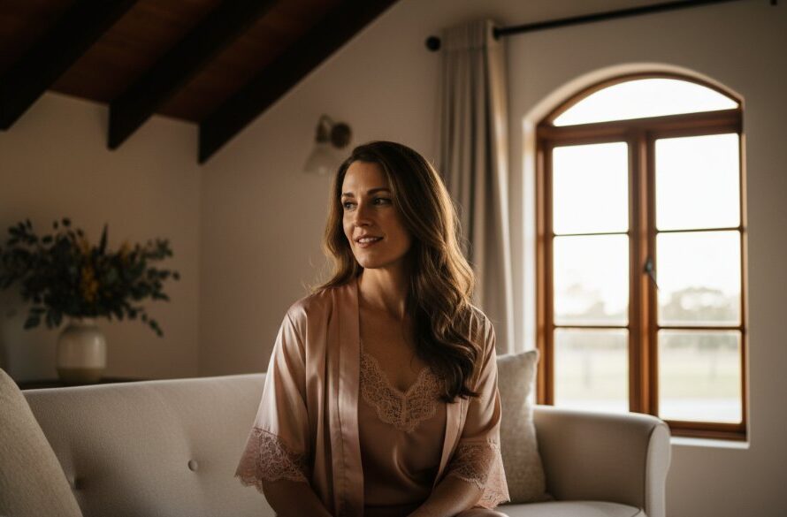 A powerful, intimate Gisborne boudoir photography portrait of a woman embracing her unique beauty, bathed in soft, ethereal natural light filtering through a window, set in a rustic Gisborne studio with subtle Australian native flora accents. She is looking confidently towards the camera, a gentle smile on her lips, showcasing elegance and self-assurance.