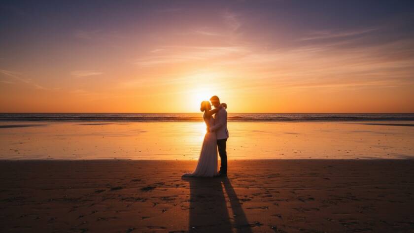 A newlywed couple shares an intimate moment at golden hour on Hampton East Beach, silhouetted against a dramatic sunset, embodying intimate Hampton East wedding photography capturing authentic moments, with gentle waves lapping nearby.