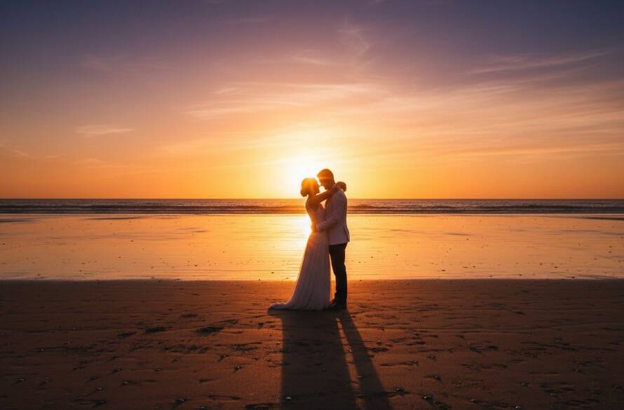A newlywed couple shares an intimate moment at golden hour on Hampton East Beach, silhouetted against a dramatic sunset, embodying intimate Hampton East wedding photography capturing authentic moments, with gentle waves lapping nearby.